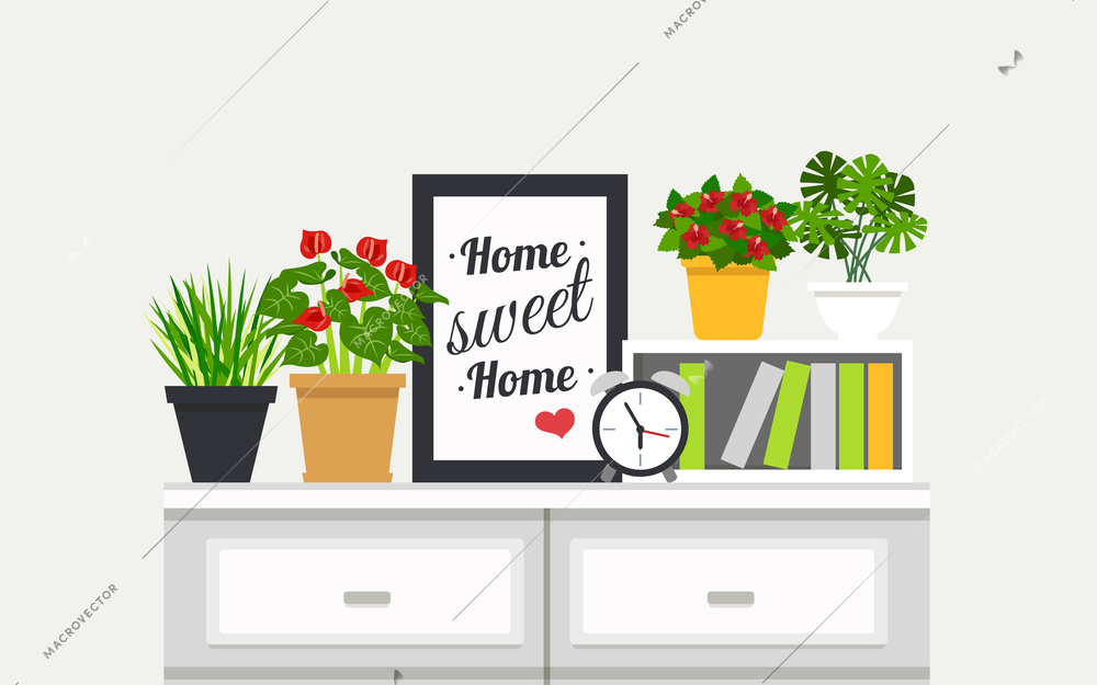 Sweet Home modern interior design poster with houseplants and alarm clock on bookshelves flat vector illustration