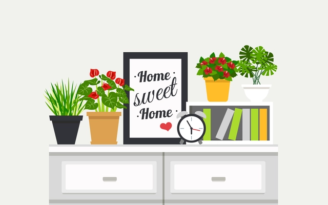 Sweet Home modern interior design poster with houseplants and alarm clock on bookshelves flat vector illustration