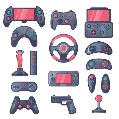 Game gadget color icons set with wireless gamepad console joystick steering wheel elements isolated vector illustration