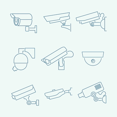 Security surveillance monitoring cameras contour icons set  isolated vector illustration