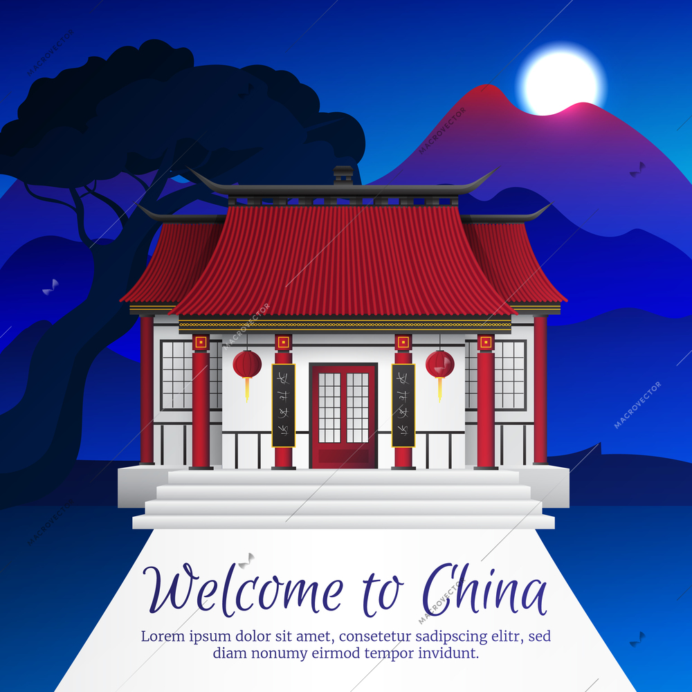 Beautiful night china landscape with mountains moon and house in traditional style flat vector illustration