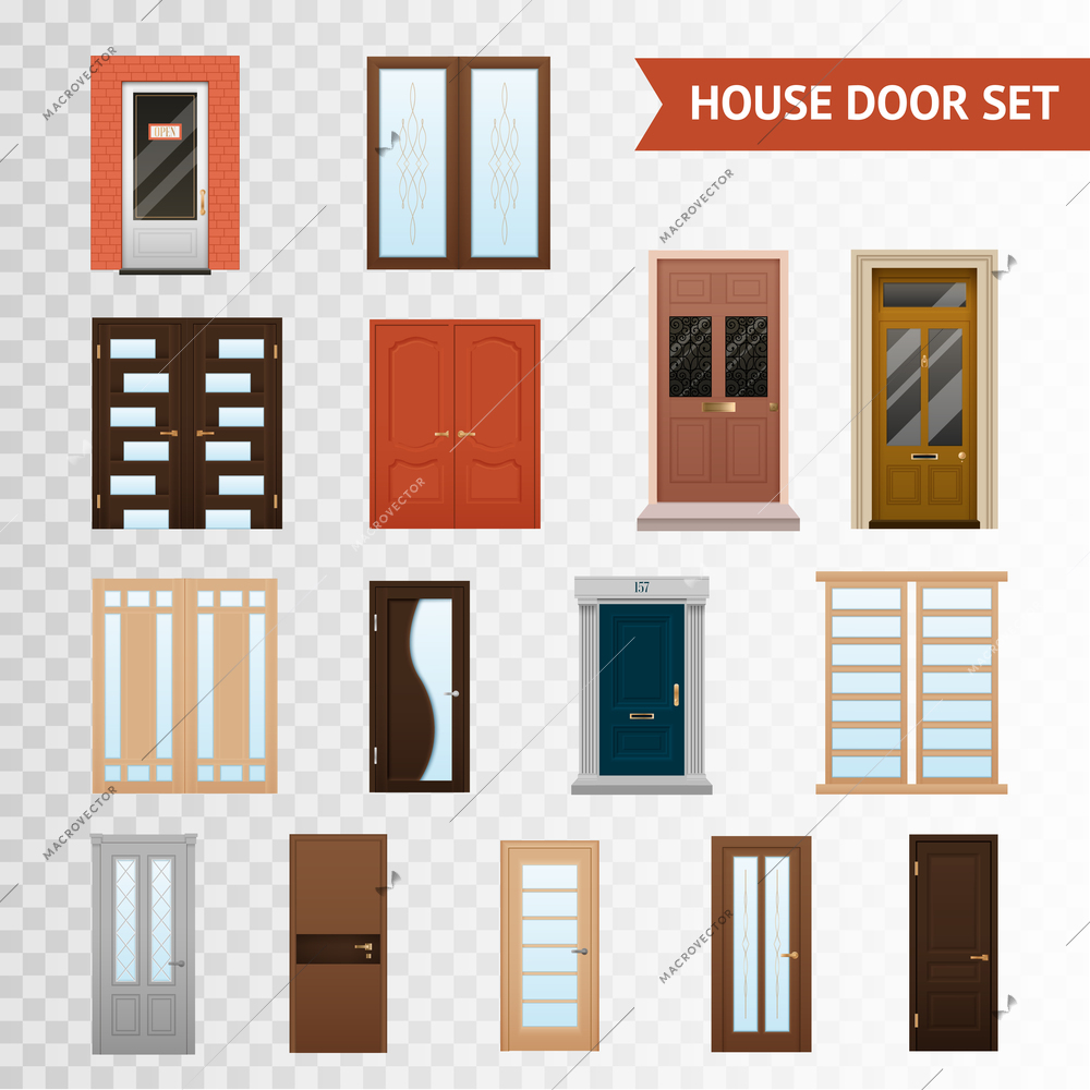 Flat design set of various material and type double and single front closed doors set isolated on transparent background vector illustration