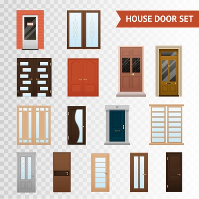 Flat design set of various material and type double and single front closed doors set isolated on transparent background vector illustration