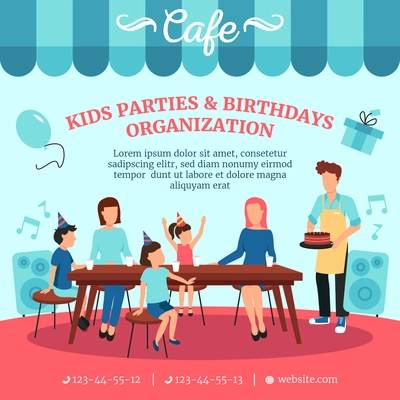 Healthy food for kids birthday parties with special treats cafe restaurant catering advertisement poster flat vector illustration