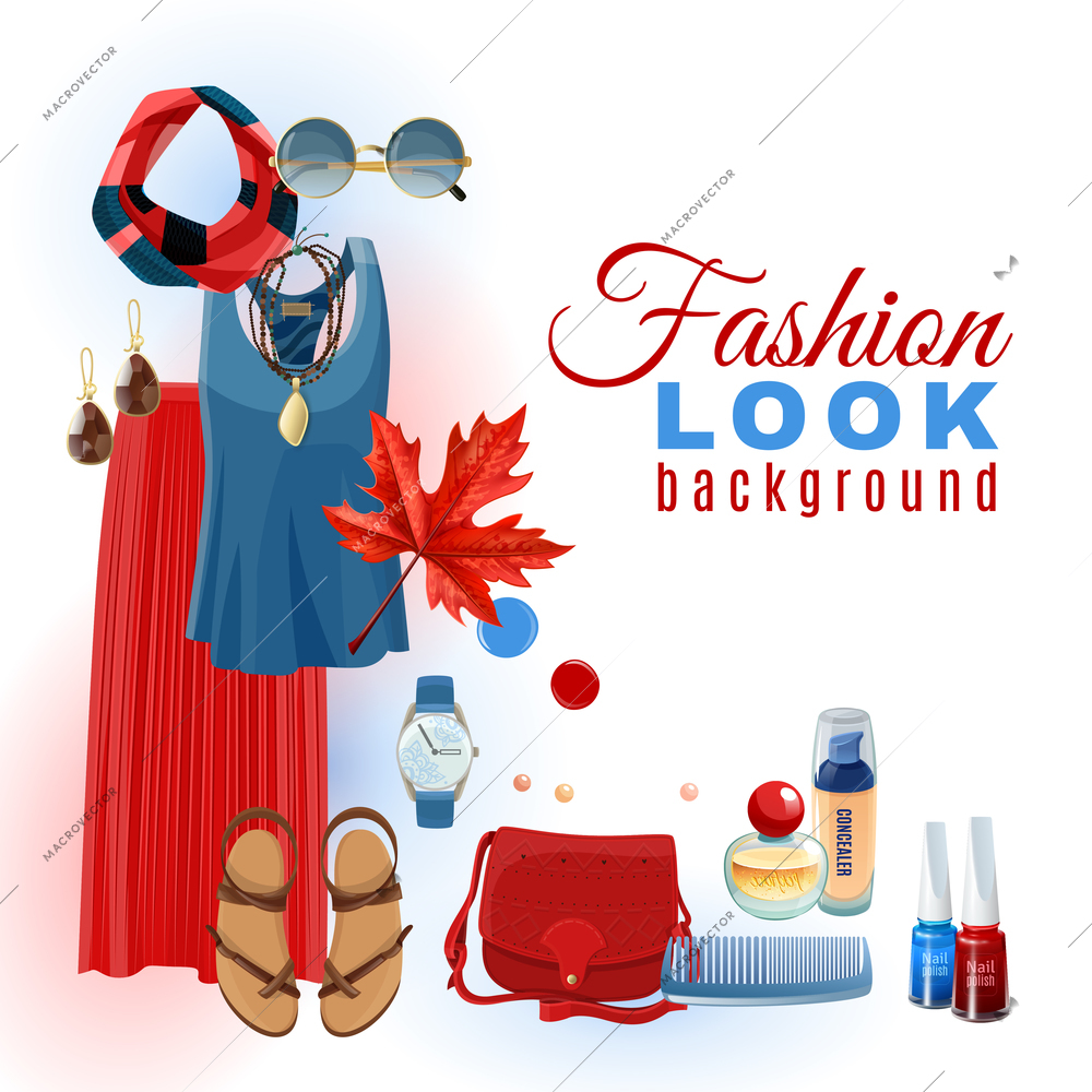 Bright summer fashion look with clothes accessories sandals and cosmetics background flat vector illustration