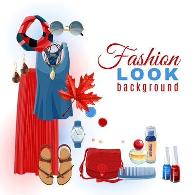 Bright summer fashion look with clothes accessories sandals and cosmetics background flat vector illustration