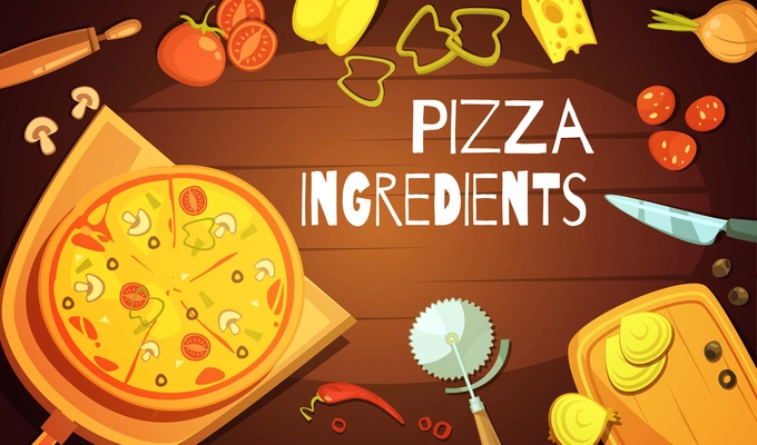 Colorful background with prepared pizza meat and vegetable ingredients and knife for cutting flat vector illustration