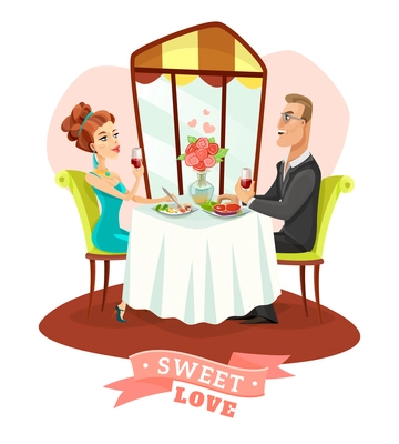 Young couple having romantic dinner and drinking vine in restaurant interior flat vector illustration