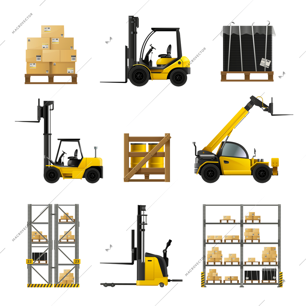 Forklift and warehouse realistic icons set with boxes and cargo isolated vector illustration