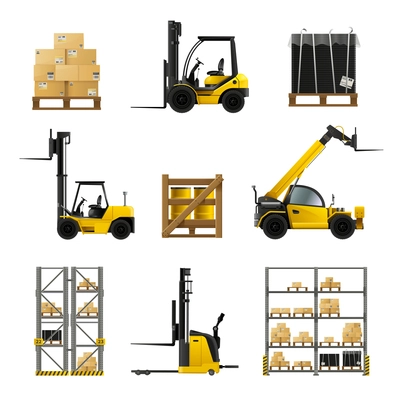 Forklift and warehouse realistic icons set with boxes and cargo isolated vector illustration