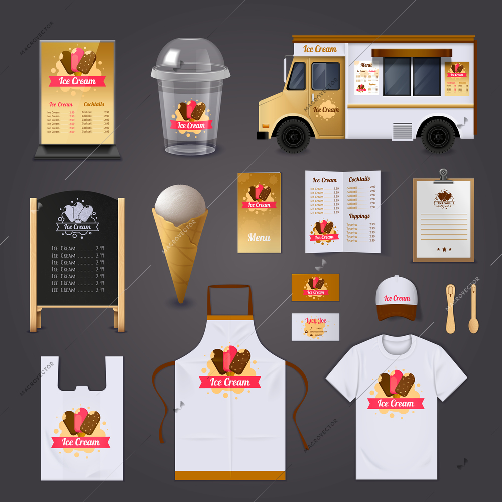 Ice cream selling realistic design set with apron and street food cart design isolated vector illustration