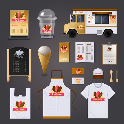 Ice cream selling realistic design set with apron and street food cart design isolated vector illustration