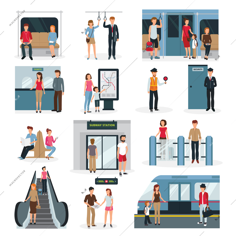 Flat design set with people in different situations in subway isolated on white background vector illustration