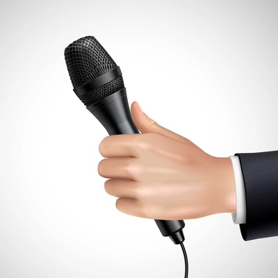 Hand with microphone realistic image detail poster with journalist or reporter at press conference interview vector illustration