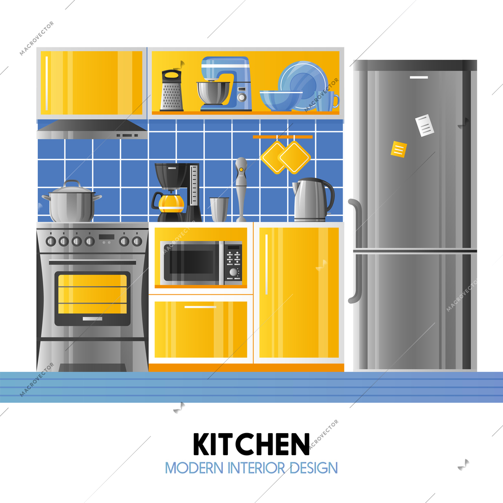 Kitchen modern interior design concept in realistic style with household equipment appliances and utensil flat vector illustration