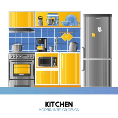 Kitchen modern interior design concept in realistic style with household equipment appliances and utensil flat vector illustration