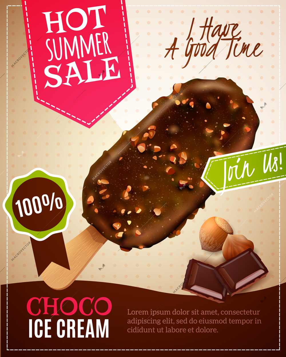Ice cream summer sale vector illustration with advertising of chocolate eskimo pie with nuts in realistic style