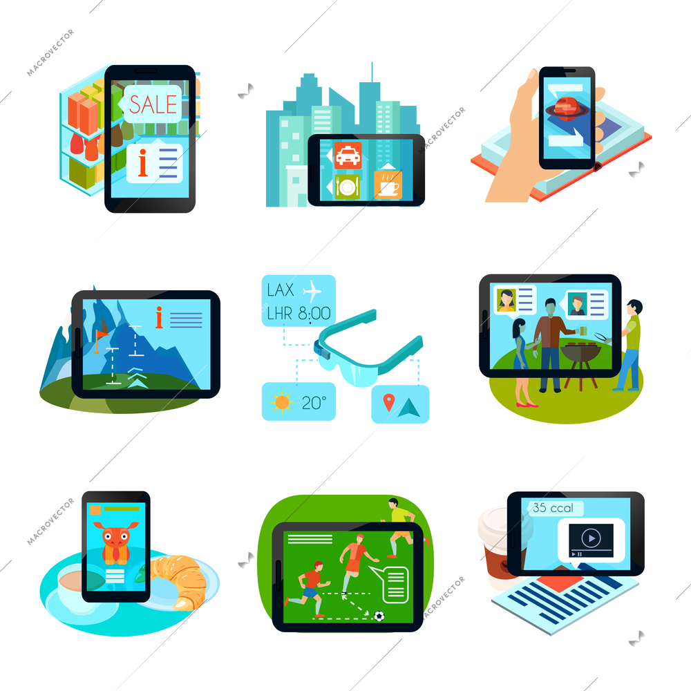 Augmented reality icons set with technology symbols flat isolated vector illustration