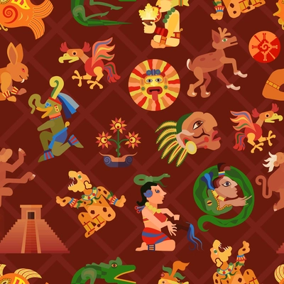 Maya seamless pattern with culture and people symbols flat vector illustration