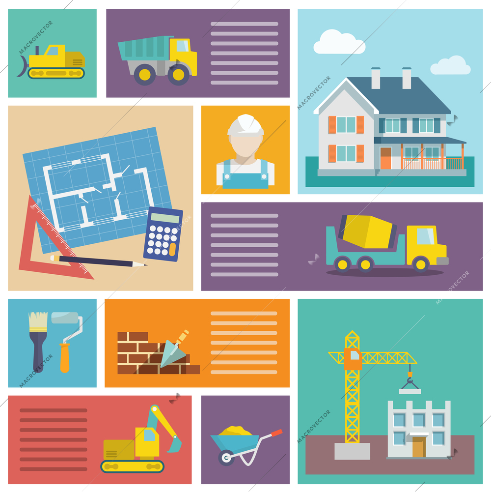 House plan and building construction icons set with tools trowel lorry isolated vector illustration