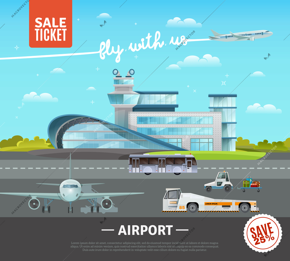 Airport flat vector illustration of terminal building technical transport on airfield plane taking off and advertising of tickets sale