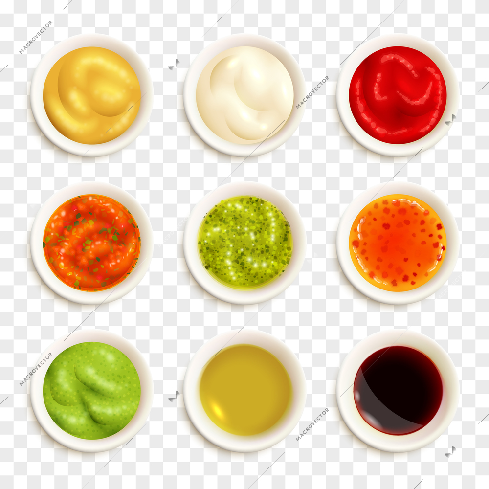 Set of color icons depicting different sauce in plate vector illustration