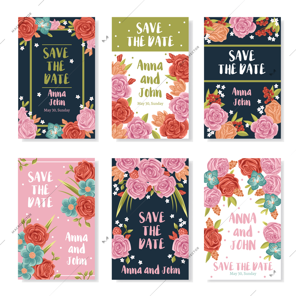 Wedding invitation banners with roses bouquet ornament save the date text and names of bride and groom flat vector illustration