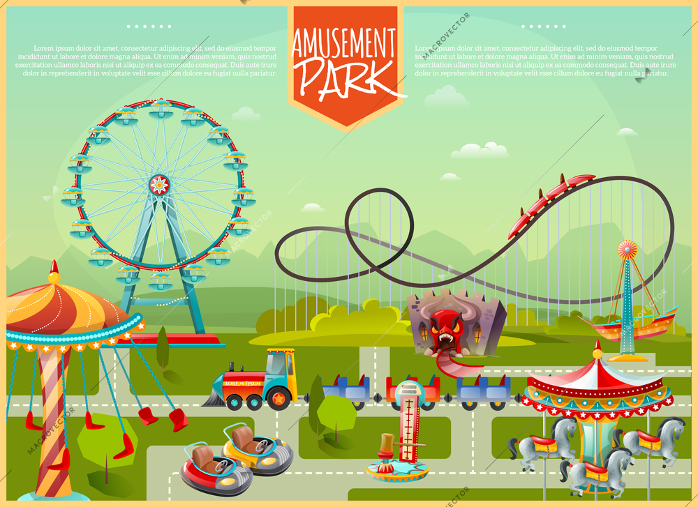 Amusement park design composition with ferris wheel swing carousel and kids cars in cartoon style flat vector illustration