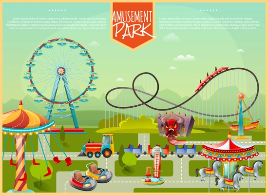 Amusement park design composition with ferris wheel swing carousel and kids cars in cartoon style flat vector illustration