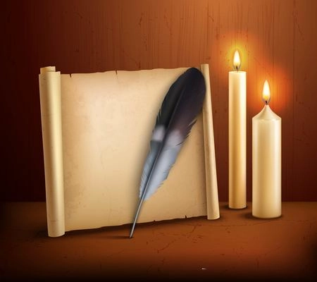 Parchment paper with feather and burning candles realistic aged style poster with wooden background vector illustration