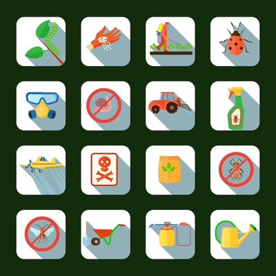 Pesticides and fertilizers square shadow icons set on green background flat isolated vector illustration