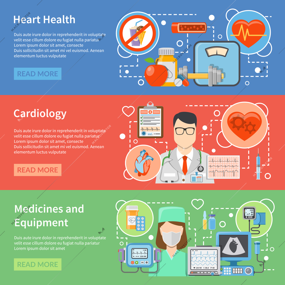 Horizontal cardiology flat banners with medicines and equipment for heart treatment and lifestyle for heart health isolated vector illustration