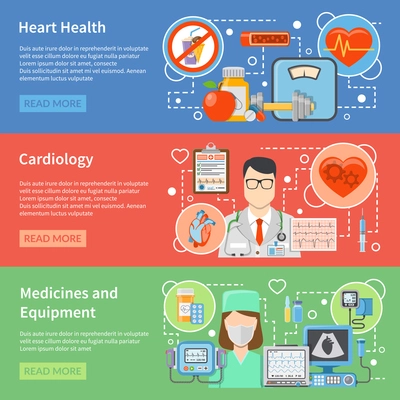 Horizontal cardiology flat banners with medicines and equipment for heart treatment and lifestyle for heart health isolated vector illustration