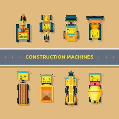 Construction machines top view with bulldozer and excavator flat isolated vector illustration