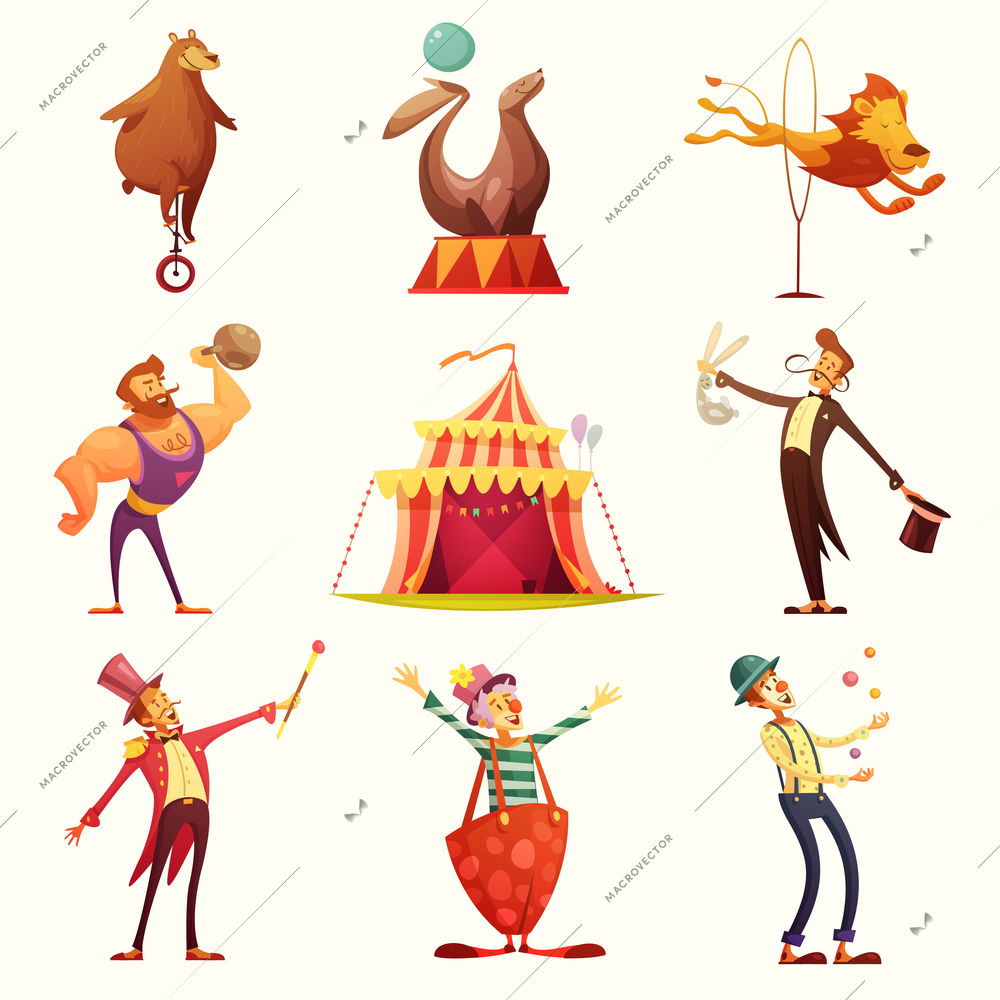 Traveling chapiteau circus retro cartoon icons collection with tent and trained wild animals performance isolated vector illustration