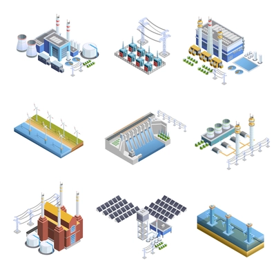 Isometric images set of different types of electricity generation plants from gas turbine to solar isolated vector illustration