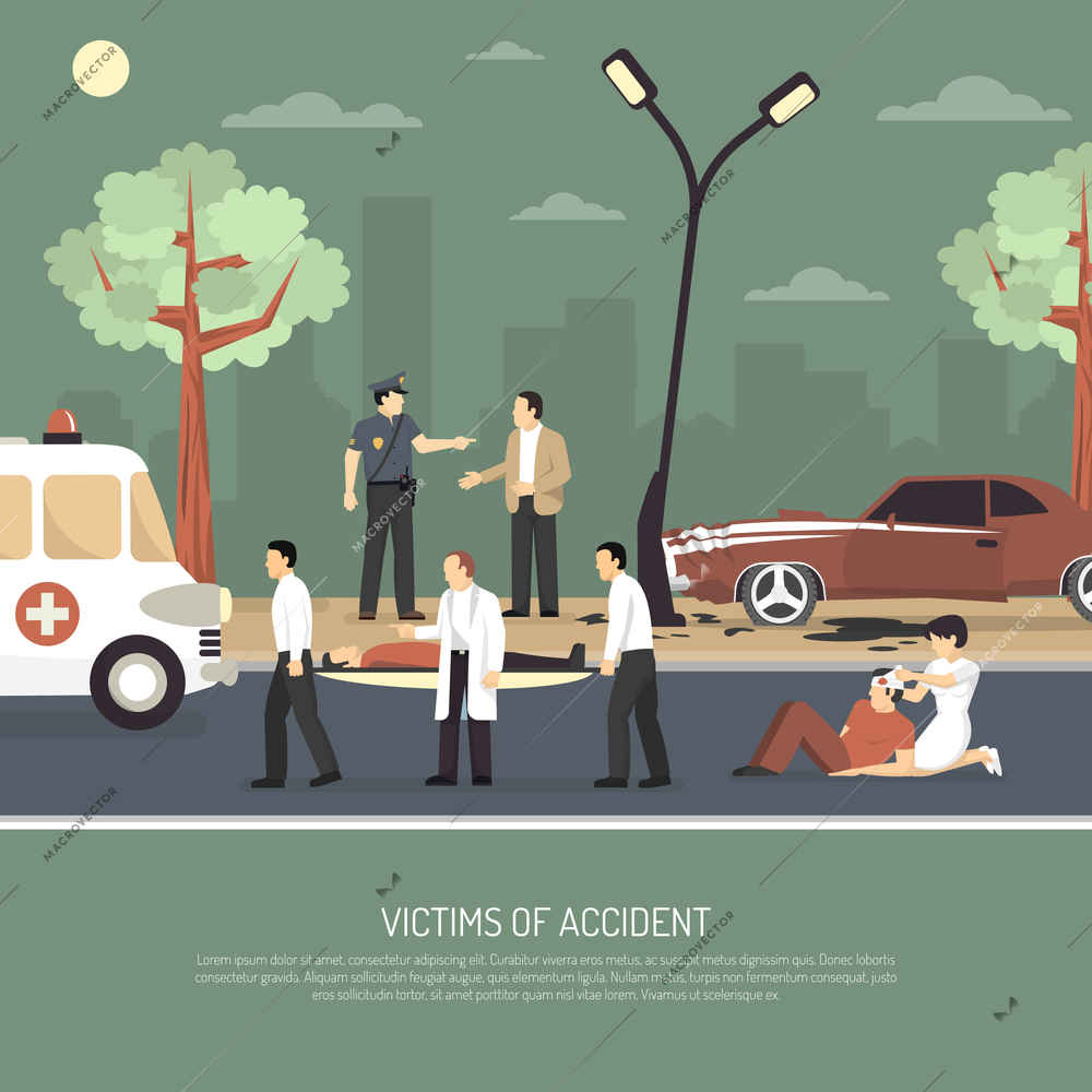 First aid on spot assistance for traffic accident victims flat poster with ambulance policeman and driver vector illustration