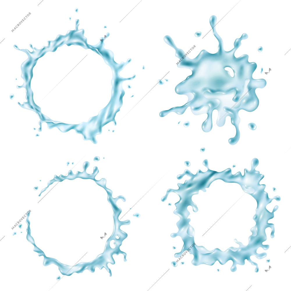 Set of different abstract shapes of blue water splashes on white background isolated vector illustration