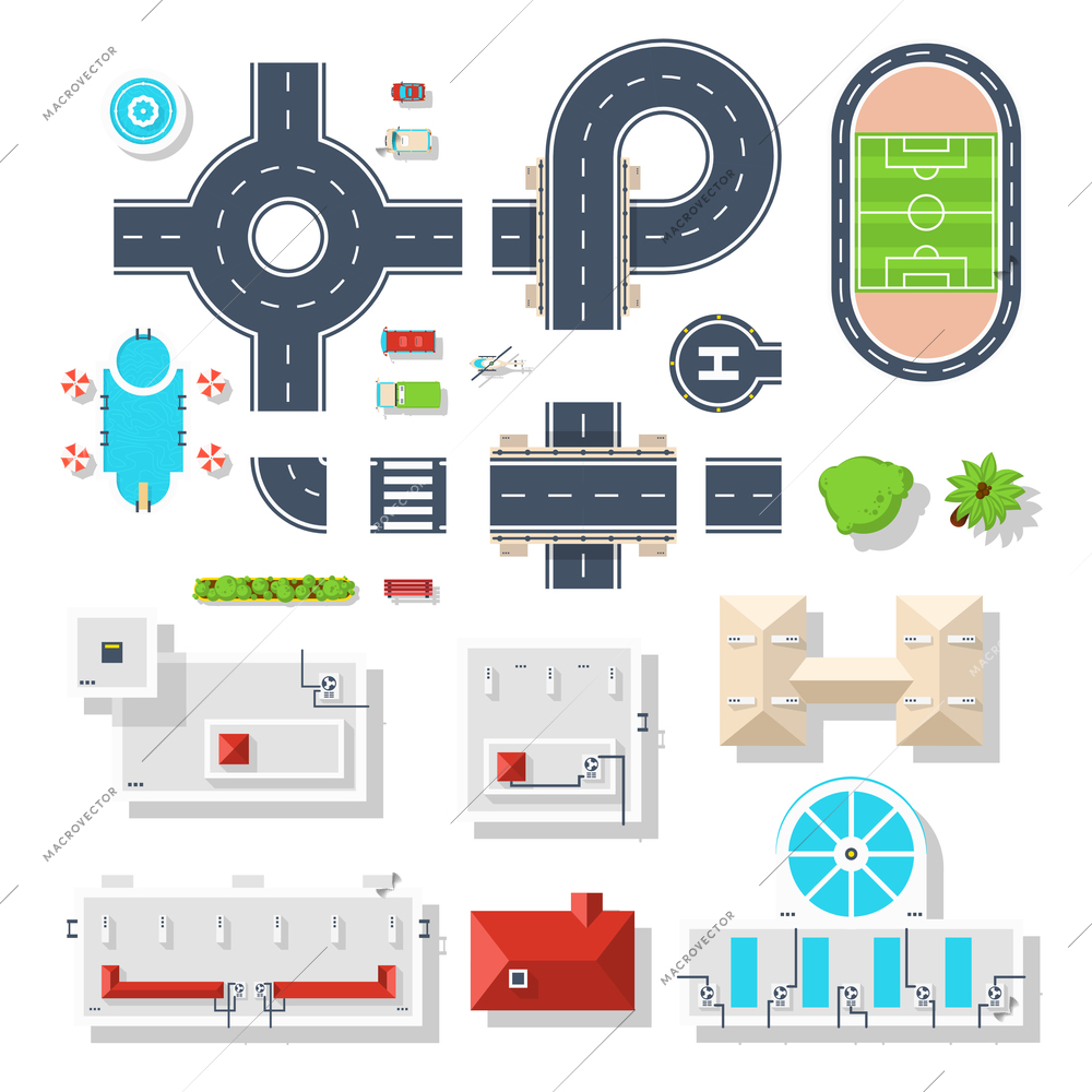 Top view set of city elements like various road junctions vehicles  plants and different buildings isolated vector illustrations
