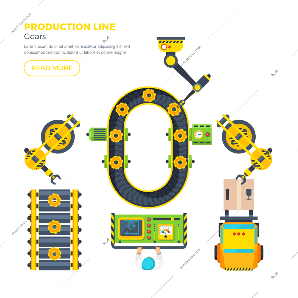 Gear production line with control panel conveyor system and automatic tools top view flat poster vector illustration