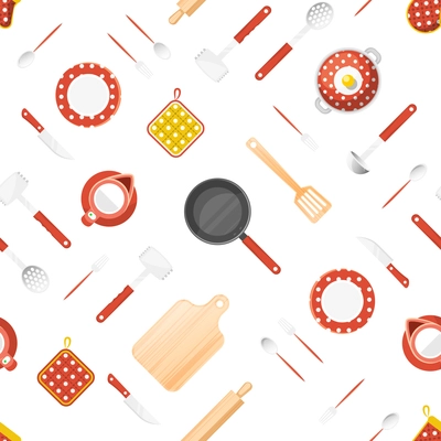 Kitchen utensils seamless pattern with teapot and frying pan flat isolated vector illustration