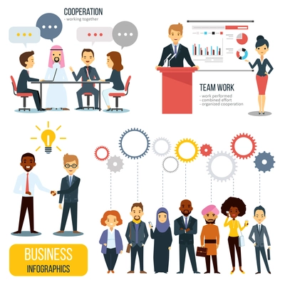 Collection of scenes with business people  collaborating together cartoon flat isolated vector illustration