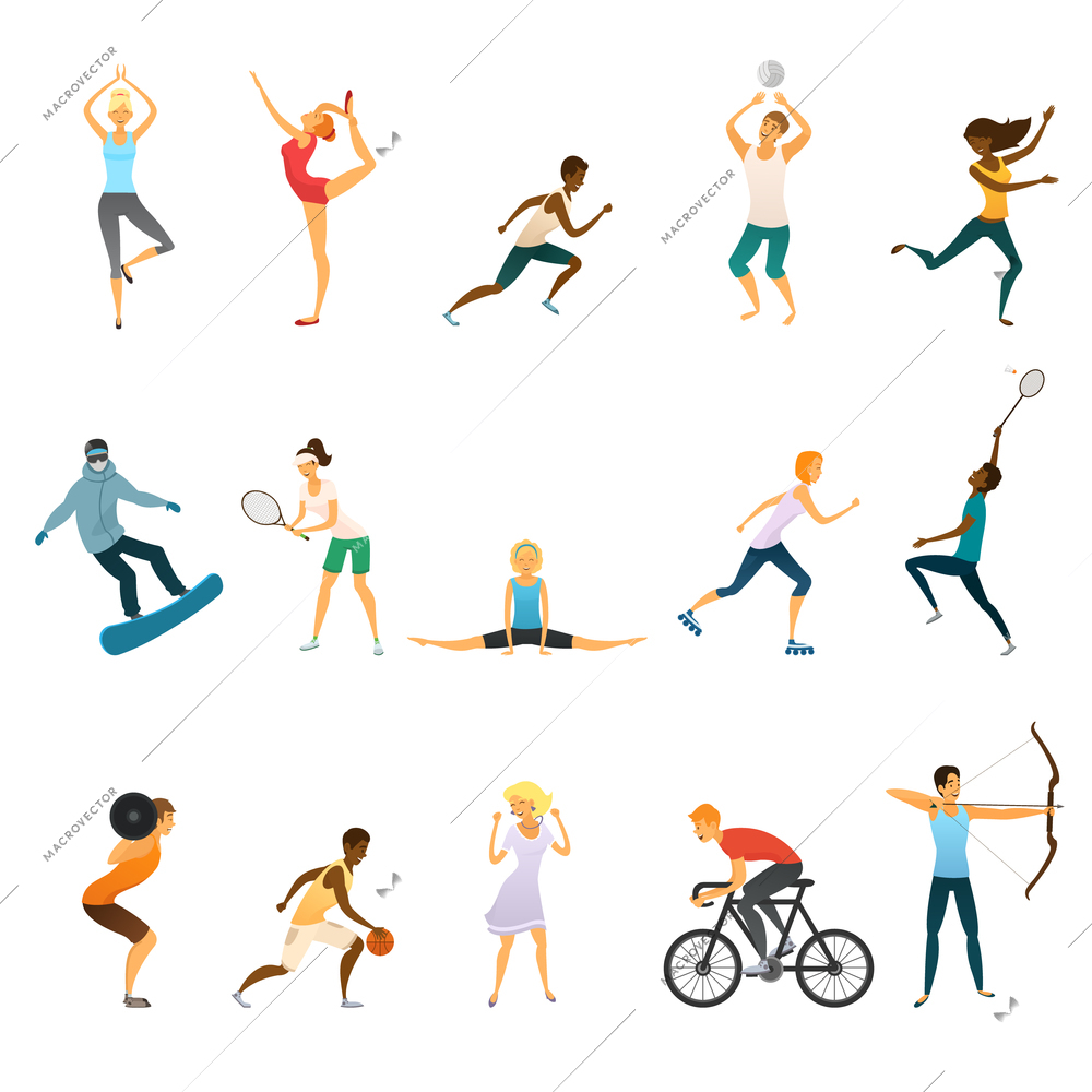 Sport people flat colored icons set of young men and women doing yoga and gymnastics playing tennis football volleyball isolated vector illustration