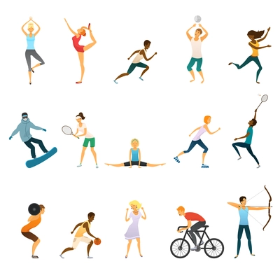 Sport people flat colored icons set of young men and women doing yoga and gymnastics playing tennis football volleyball isolated vector illustration