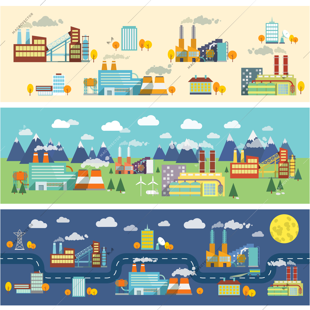 Industrial buildings factories facilities public offices and power plants horizontal banners set vector illustration