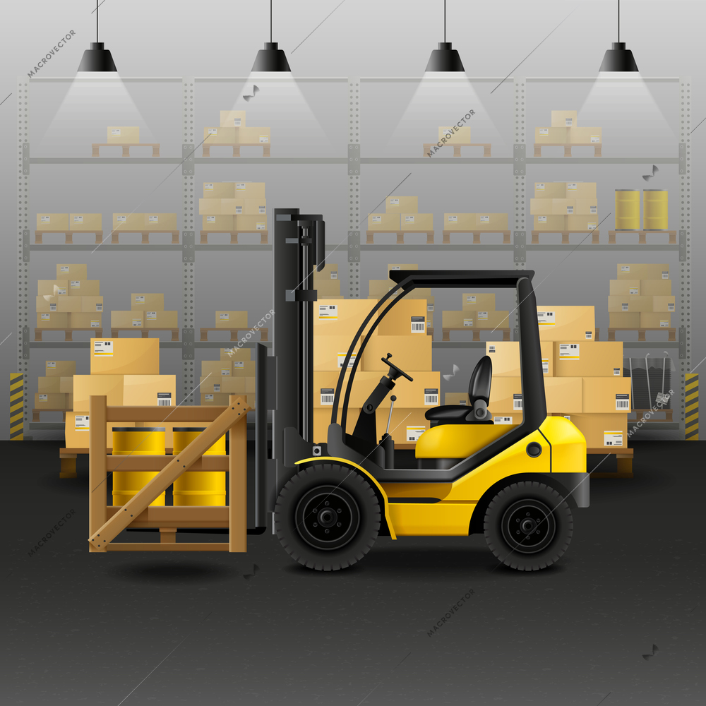 Warehouse realistic composition with forklift storage and cargo boxes vector illustration