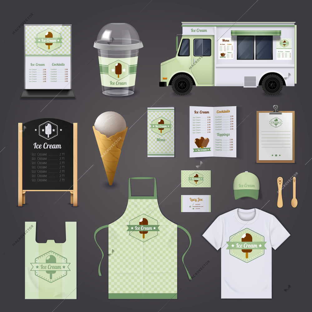 Ice cream corporate realistic design set with menu uniform and package isolated vector illustration