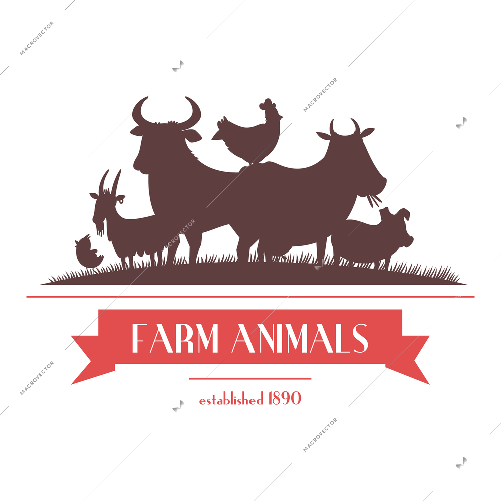 Farm shop signboard or label two-color design with livestock animals and chickens silhouettes abstract vector illustration