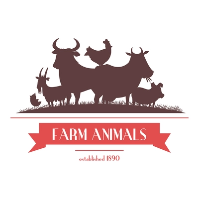 Farm shop signboard or label two-color design with livestock animals and chickens silhouettes abstract vector illustration