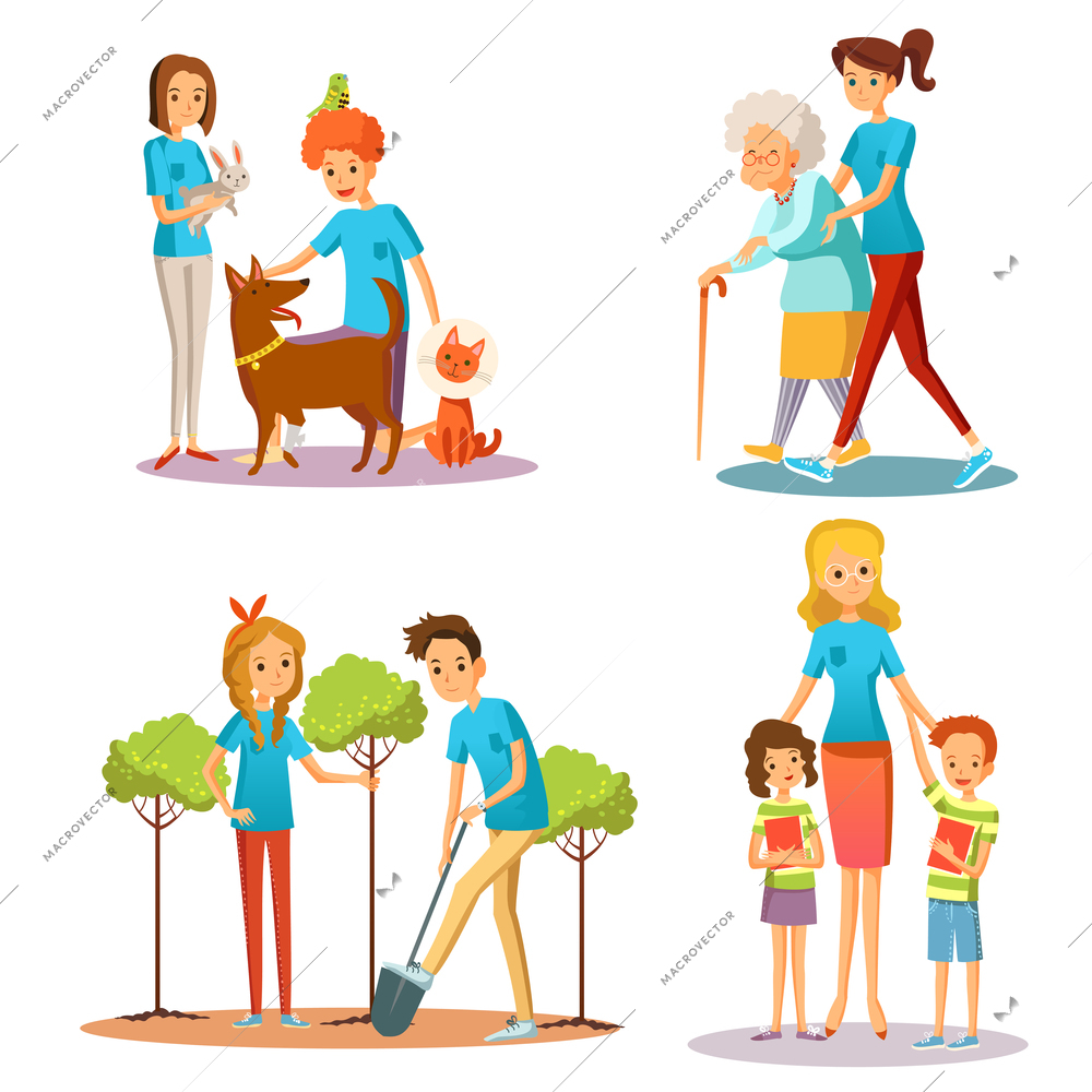 Caring for nature and people in social activities set isolated vector illustration